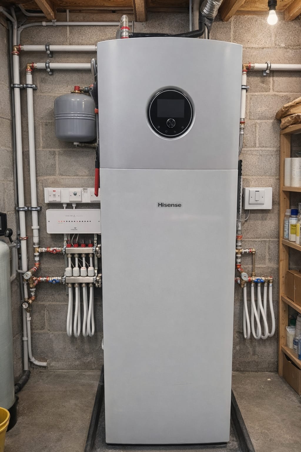 GreenWave heat pump installation — Hisense indoor unit with underfloor heating manifold